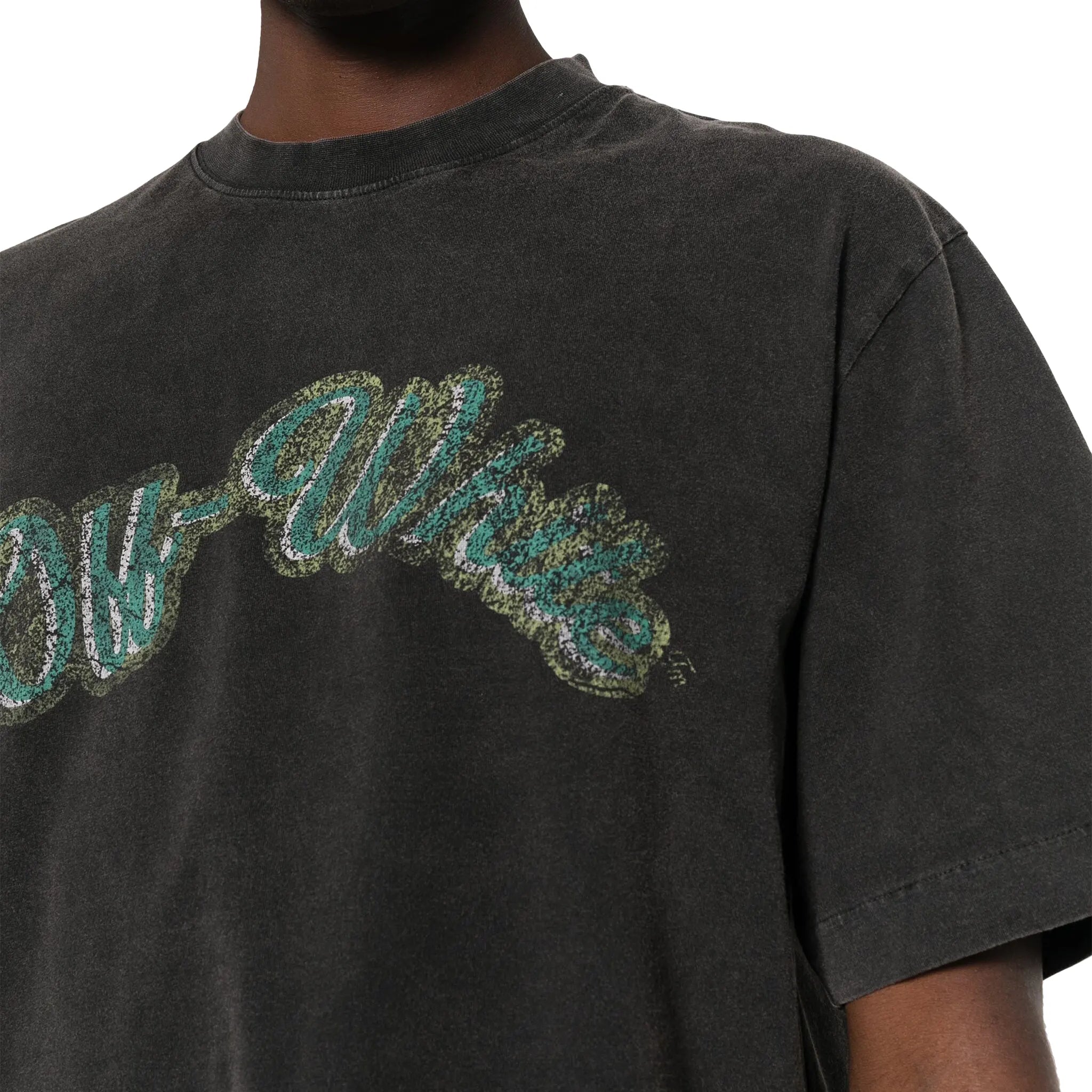 Model chest view of Off-White Bacchus Skate Black T Shirt OMAA120S24JER0131055